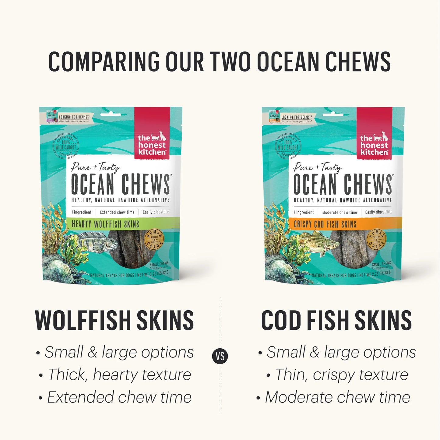 Honest Kitchen Beams Ocean Chews made from 100% wild-caught, sustainably sourced fish skins, providing a natural, healthy, and long-lasting chew for dogs to enjoy.