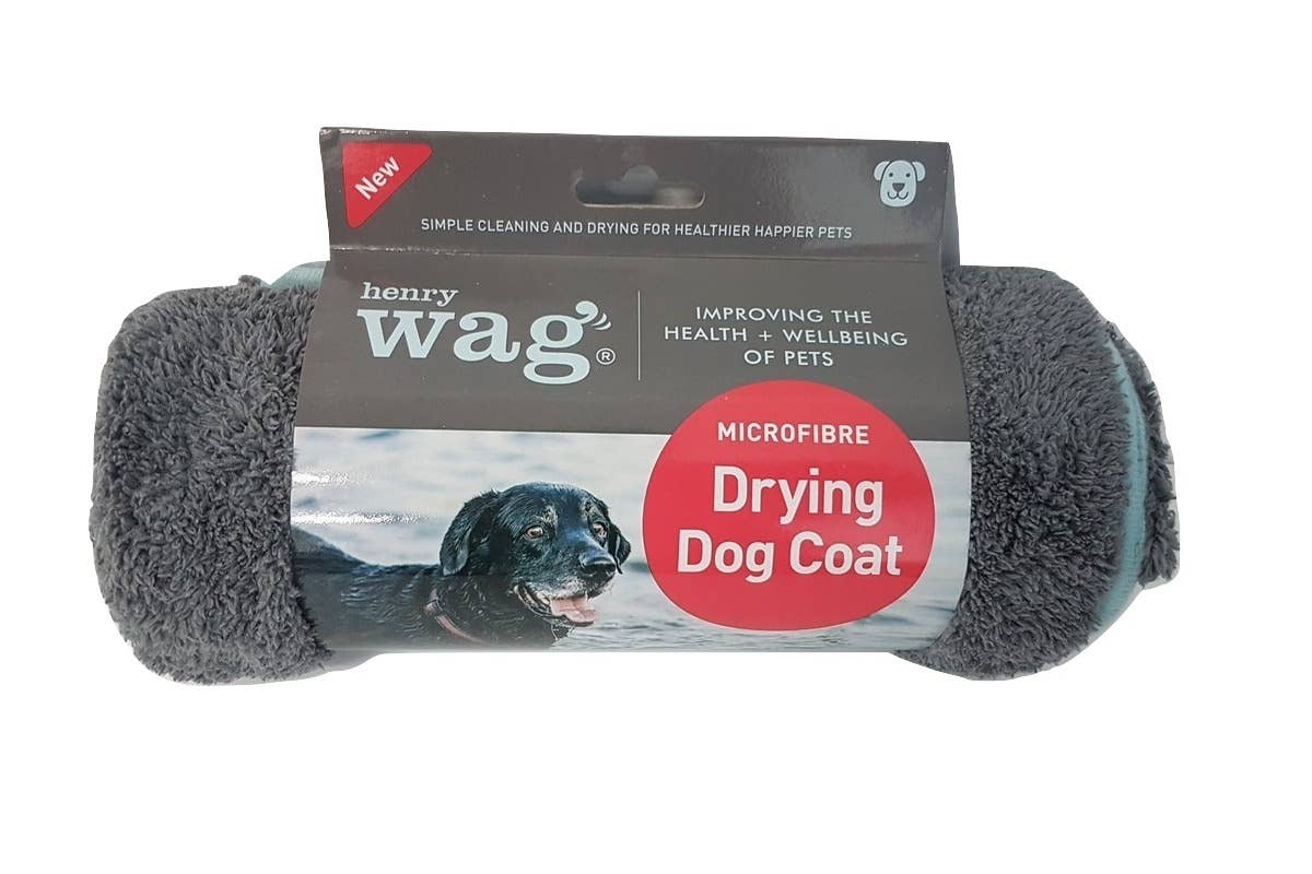 Henry Wag Dog Drying Coat featuring a soft, absorbent fabric that quickly dries your pet after baths or walks, providing warmth and comfort while protecting your home from wet fur.