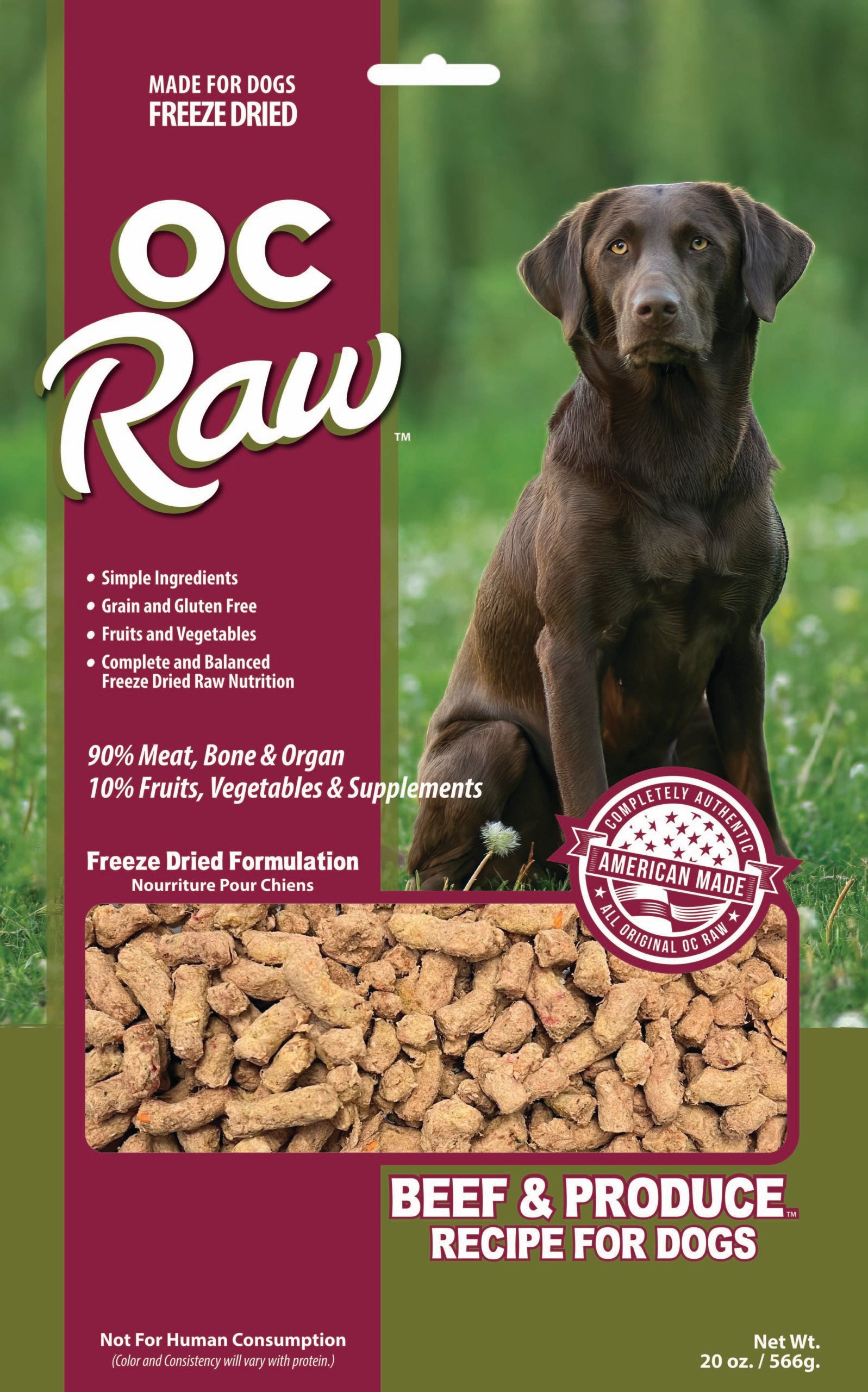 OC Raw Freeze Dried Beef & Produce Meaty Rox 20 oz – Grain-free, high-protein dog food with premium muscle cuts, bone, organ, fruits, and vegetables for a balanced diet