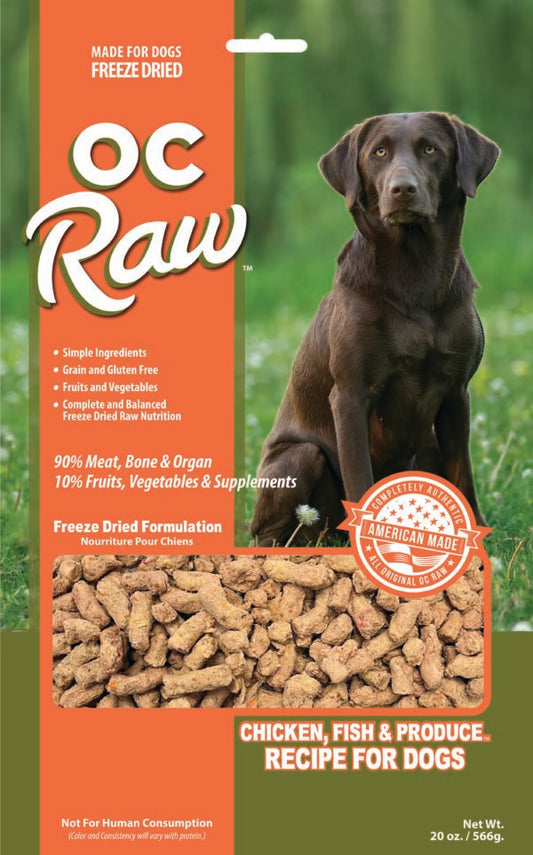 OC Raw Freeze-Dried Chicken & Fish Meaty Rox for dogs - 20 oz bag featuring high-quality chicken, pollock filet, and nutrient-rich vegetables for a complete and balanced diet, promoting a shiny coat and healthy skin