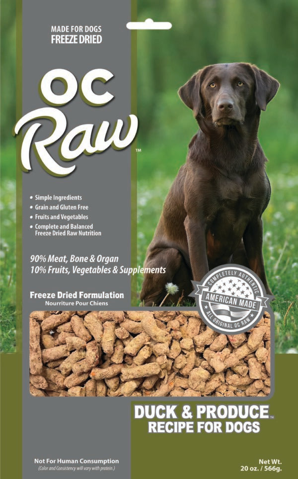 OC Raw Freeze-Dried Duck Dog Food - 20 oz, made with premium duck muscle cuts, bone, and organ meat, plus fruits, vegetables, and supplements, free from grains, potatoes, peas, and lentils. Complete and balanced, USDA certified, supports overall health.