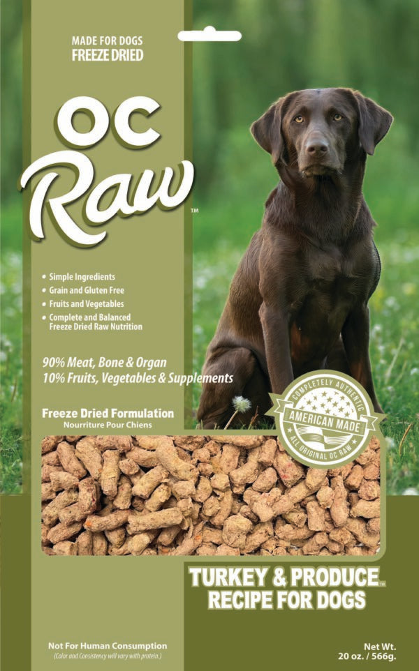 OC Raw Freeze-Dried Turkey Dog Food - 20 oz pack, made with high-quality turkey, premium muscle cuts, and 10% fruits and vegetables, grain-free, complete and balanced formula for healthy dogs