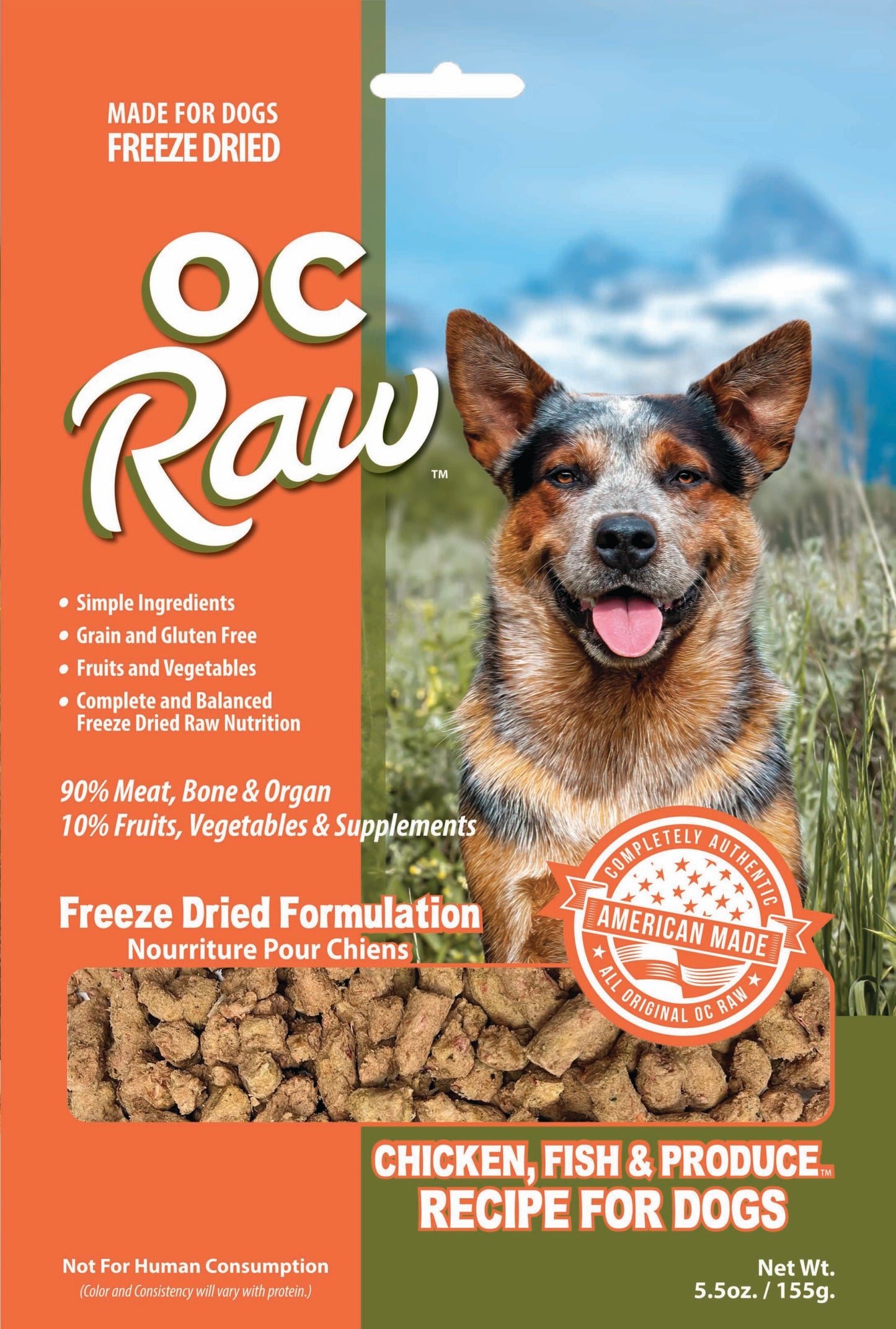 OC Raw Freeze-Dried Chicken & Fish Meaty Rox for dogs - 5 oz bag featuring high-quality chicken, pollock filet, and nutrient-rich vegetables for a complete and balanced diet, promoting a shiny coat and healthy skin