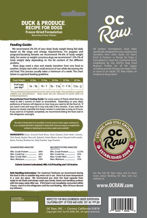 OC Raw Freeze-Dried Duck Dog Food - 20 oz, made with premium duck muscle cuts, bone, and organ meat, plus fruits, vegetables, and supplements, free from grains, potatoes, peas, and lentils. Complete and balanced, USDA certified, supports overall health.