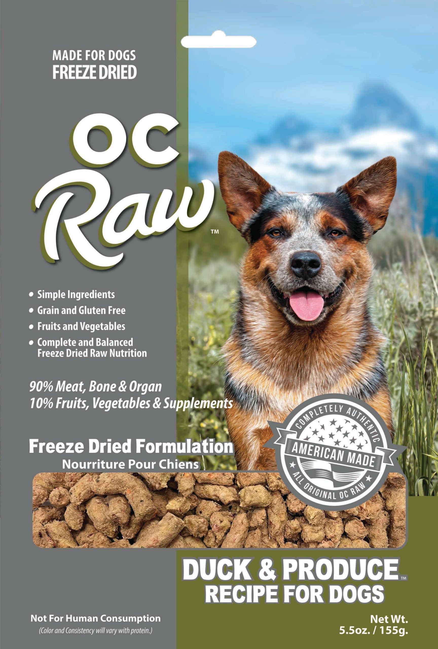 OC Raw Freeze-Dried Duck Dog Food - 20 oz, made with premium duck muscle cuts, bone, and organ meat, plus fruits, vegetables, and supplements, free from grains, potatoes, peas, and lentils. Complete and balanced, USDA certified, supports overall health.