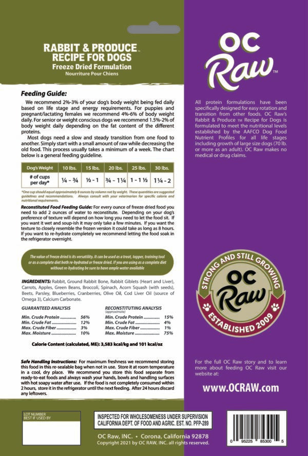 OC Raw Freeze-Dried Rabbit Dog Food, 5.5 oz, featuring premium rabbit protein, ground rabbit bone, and giblets with nutrient-rich vegetables and fruits. Low-fat, grain-free, complete and balanced formula, perfect for dogs with food sensitivities or pancreatic issues