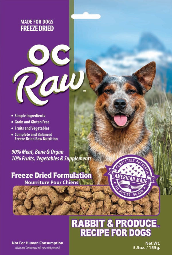 OC Raw Freeze-Dried Rabbit Dog Food, 5.5 oz, featuring premium rabbit protein, ground rabbit bone, and giblets with nutrient-rich vegetables and fruits. Low-fat, grain-free, complete and balanced formula, perfect for dogs with food sensitivities or pancreatic issues