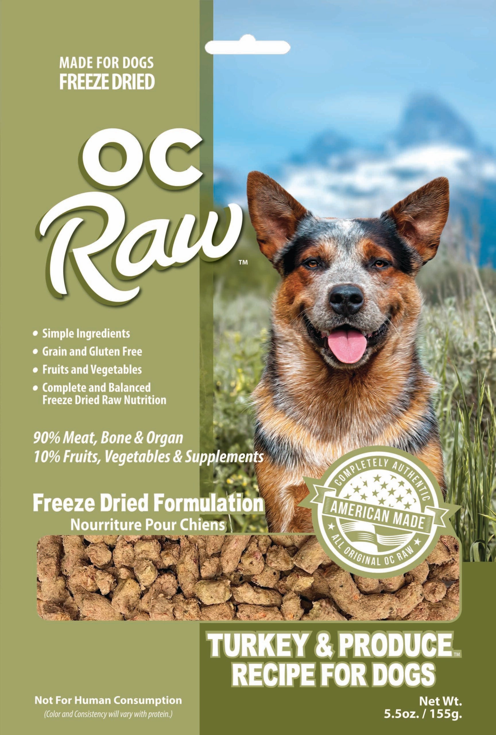 OC Raw Freeze-Dried Turkey Dog Food - 20 oz pack, made with high-quality turkey, premium muscle cuts, and 10% fruits and vegetables, grain-free, complete and balanced formula for healthy dogs