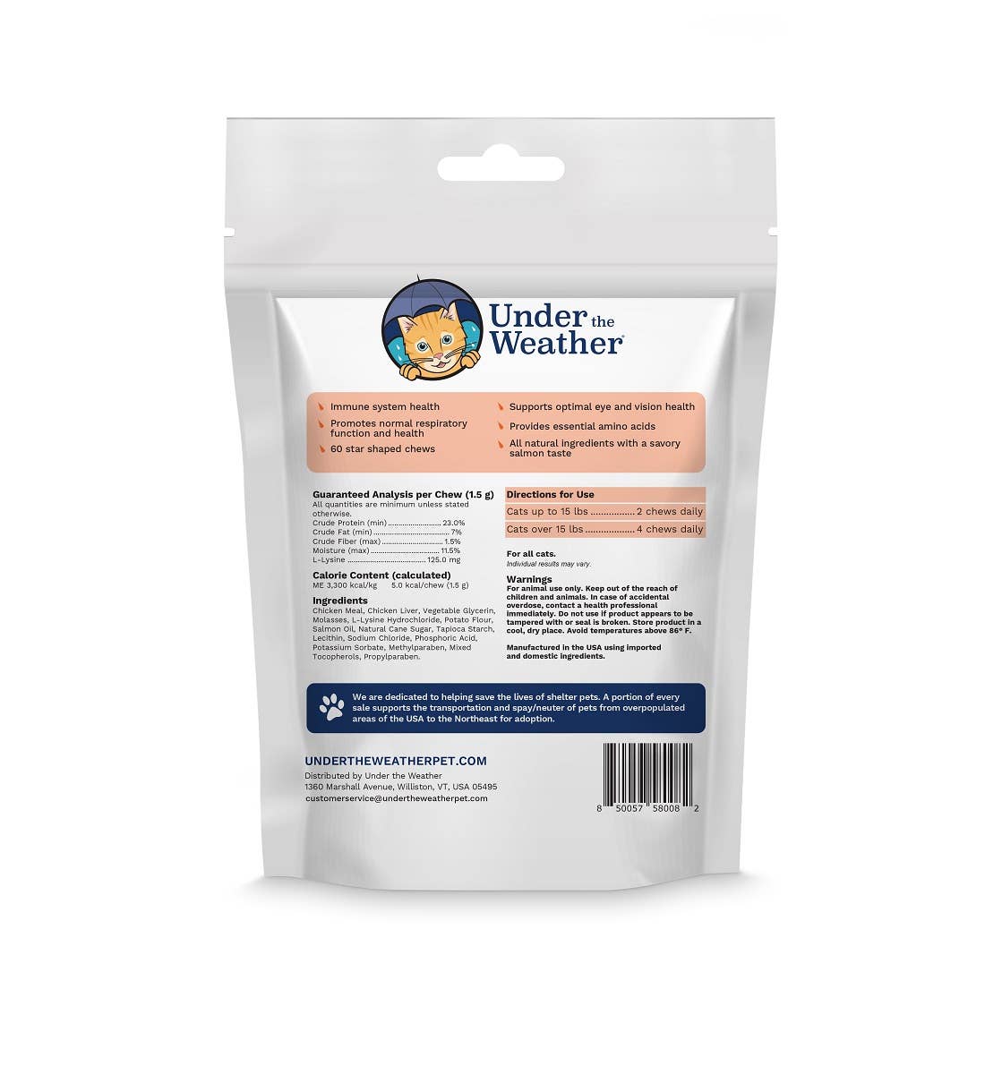 Package of Under the Weather Salmon flavored L-Lysine soft chews for cat immune support on a white background.