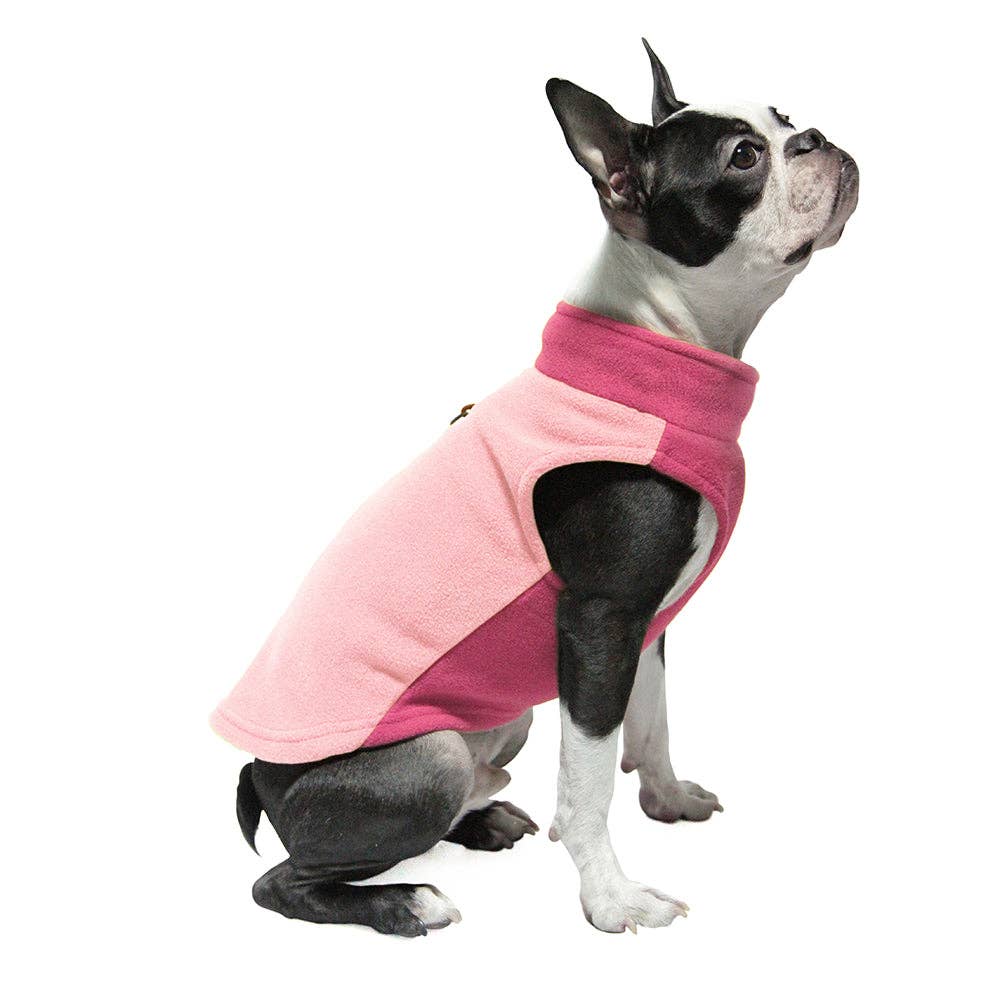 Pink Gooby Fleece Half Stretch for Dogs featuring a cozy, stretchy design that provides warmth and comfort, perfect for active dogs in colder weather.