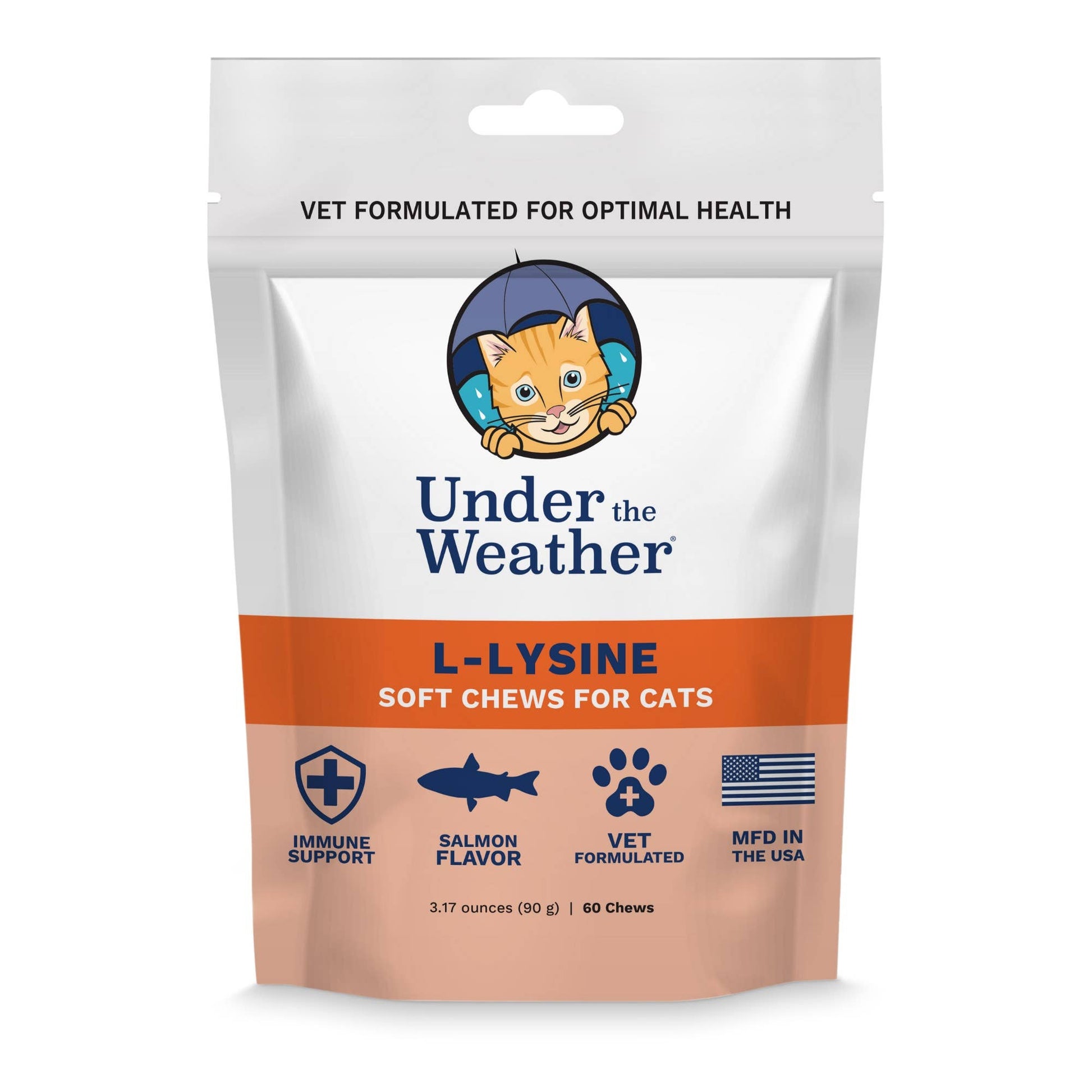 Package of Under the Weather Salmon flavored L-Lysine soft chews for cat immune support on a white background