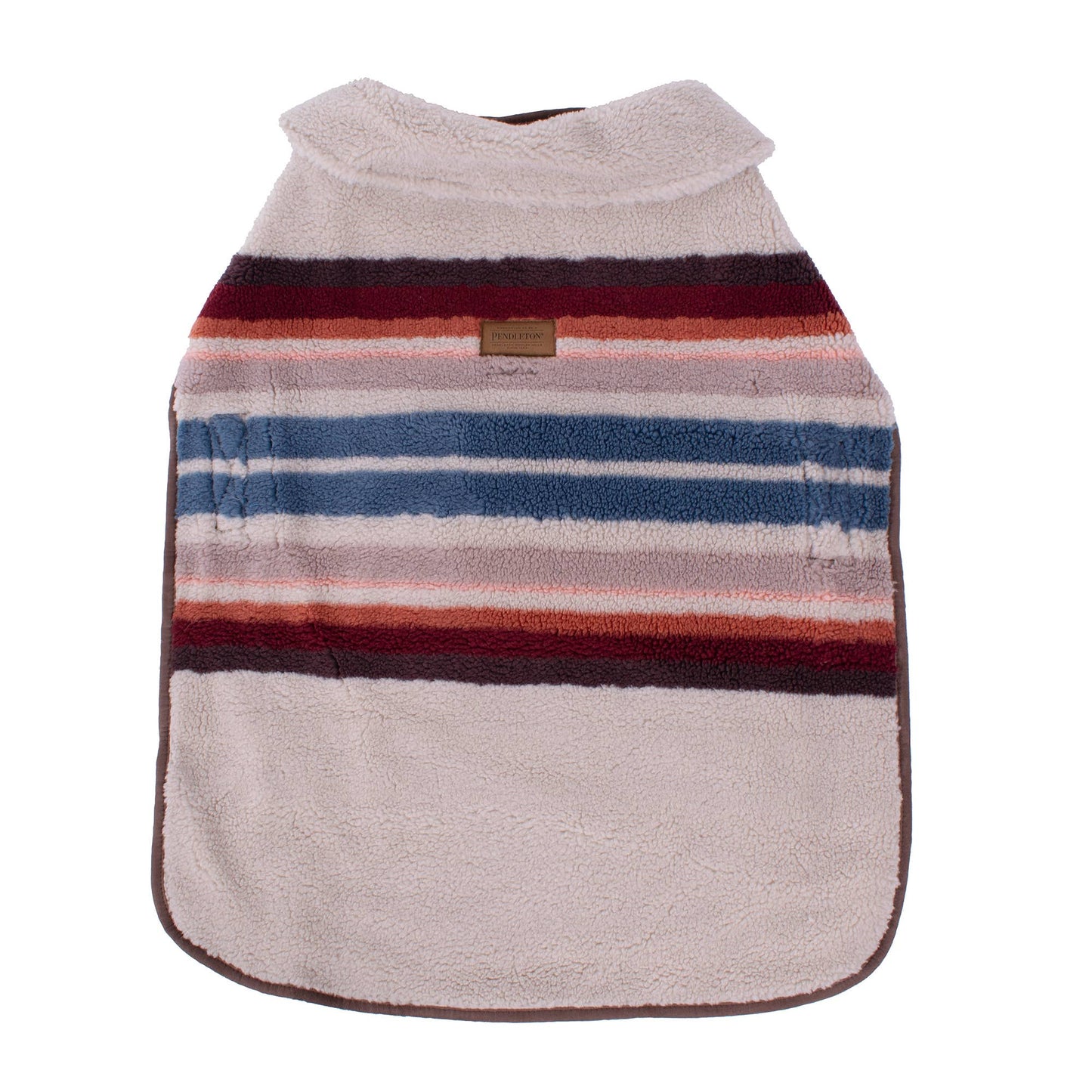 A cozy and stylish dog coat featuring a colorful Serape Rosewood pattern with warm tones of red, orange, and brown. The coat is made of soft Berber fleece and includes adjustable straps for a secure fit. The design incorporates a Southwestern-inspired look, with a blend of traditional and modern elements, offering both comfort and fashion for your pet.