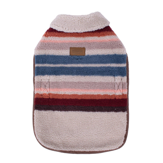 A cozy and stylish dog coat featuring a colorful Serape Rosewood pattern with warm tones of red, orange, and brown. The coat is made of soft Berber fleece and includes adjustable straps for a secure fit. The design incorporates a Southwestern-inspired look, with a blend of traditional and modern elements, offering both comfort and fashion for your pet.