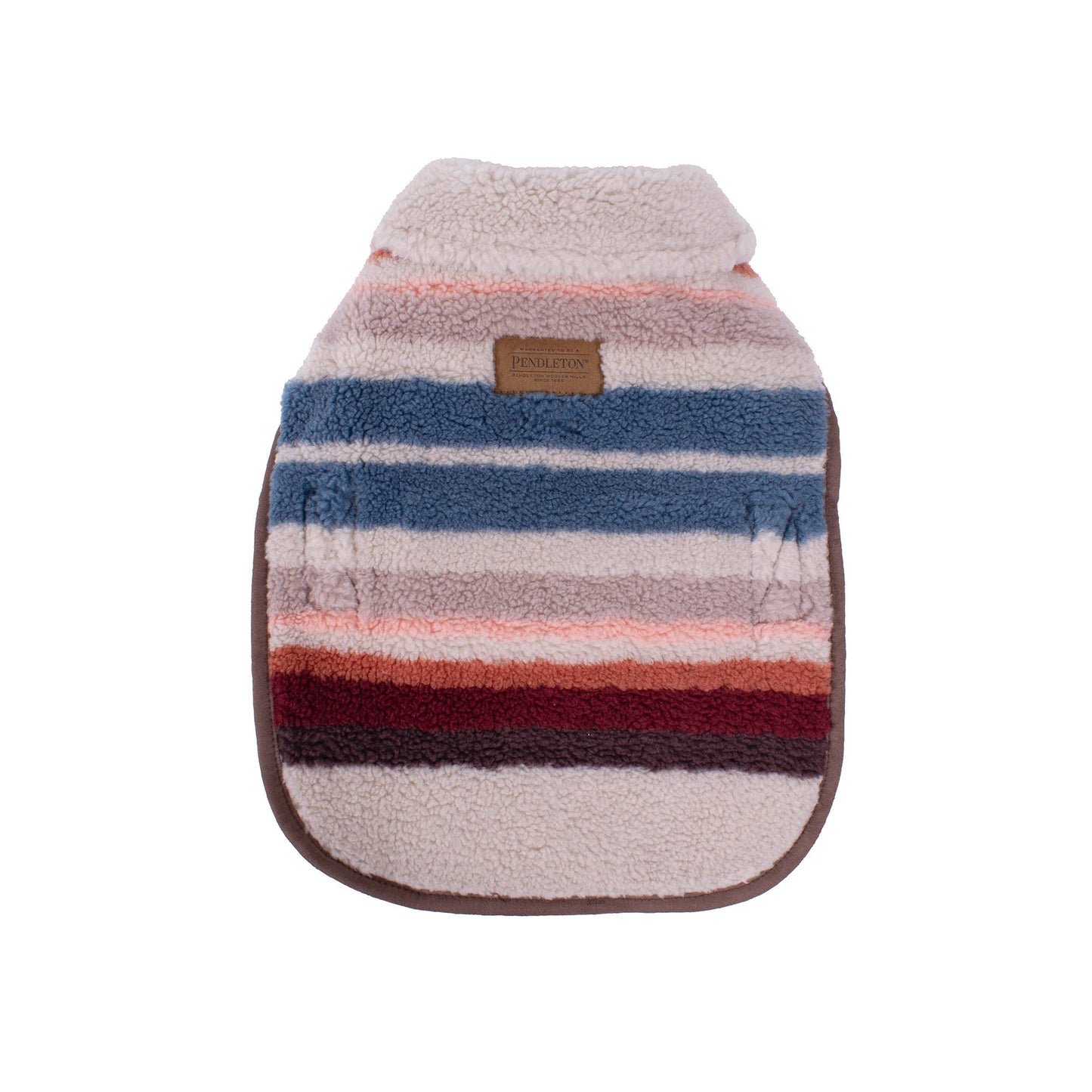 A cozy and stylish dog coat featuring a colorful Serape Rosewood pattern with warm tones of red, orange, and brown. The coat is made of soft Berber fleece and includes adjustable straps for a secure fit. The design incorporates a Southwestern-inspired look, with a blend of traditional and modern elements, offering both comfort and fashion for your pet.