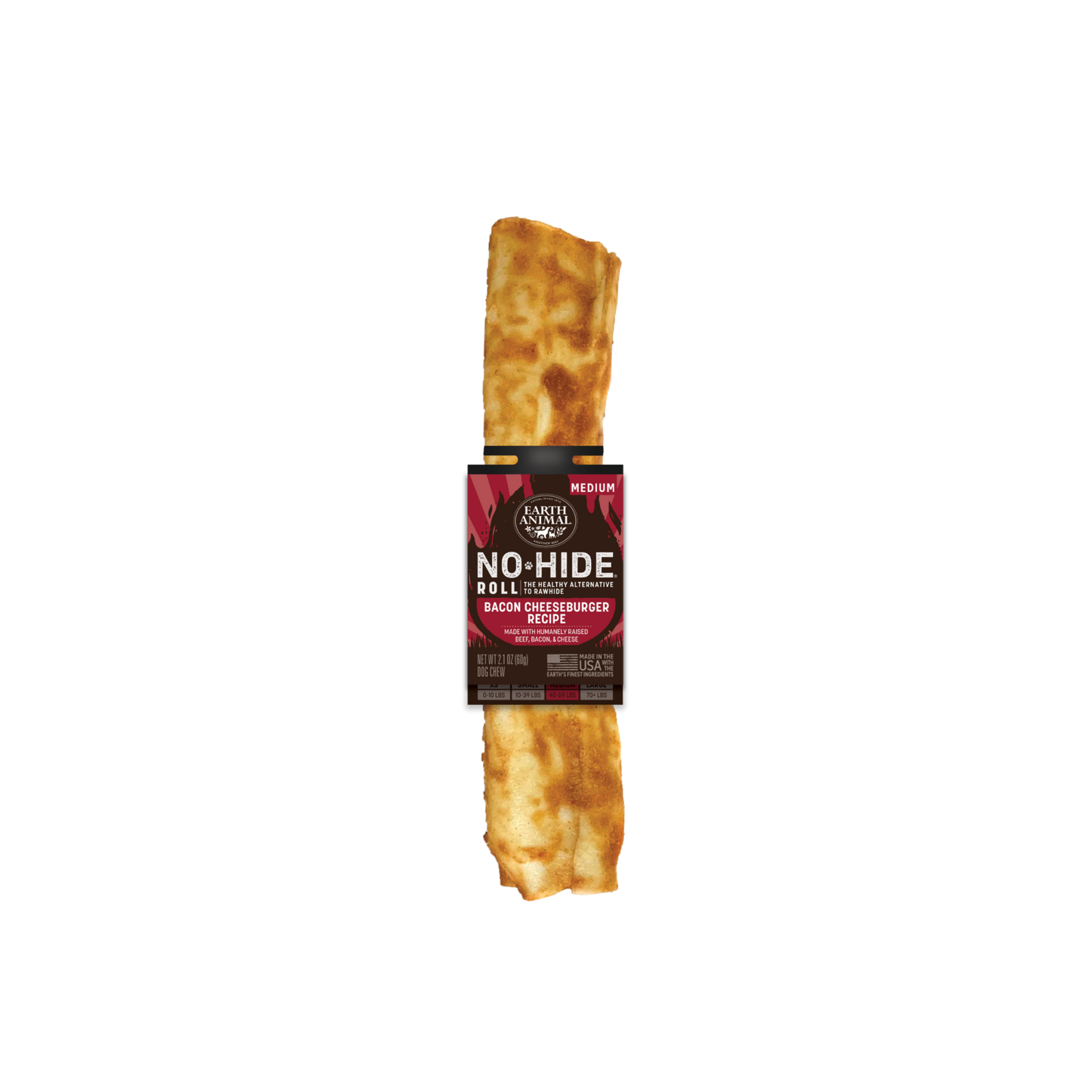 Earth Animal No Hide Bacon Cheeseburger Bone, all-natural, digestible dog chew, made with premium ingredients for dental health and long-lasting entertainment