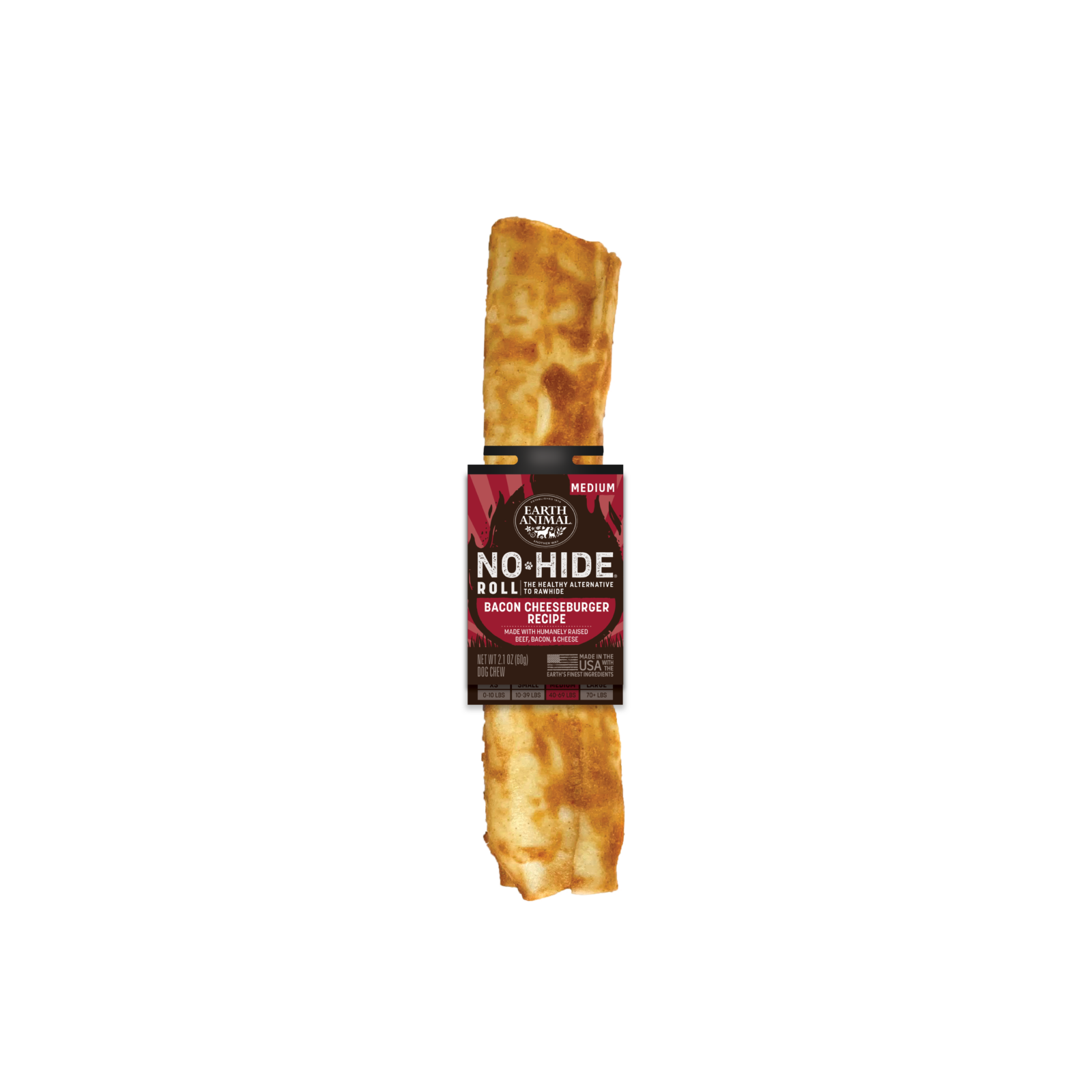 Earth Animal No Hide Bacon Cheeseburger Bone, all-natural, digestible dog chew, made with premium ingredients for dental health and long-lasting entertainment