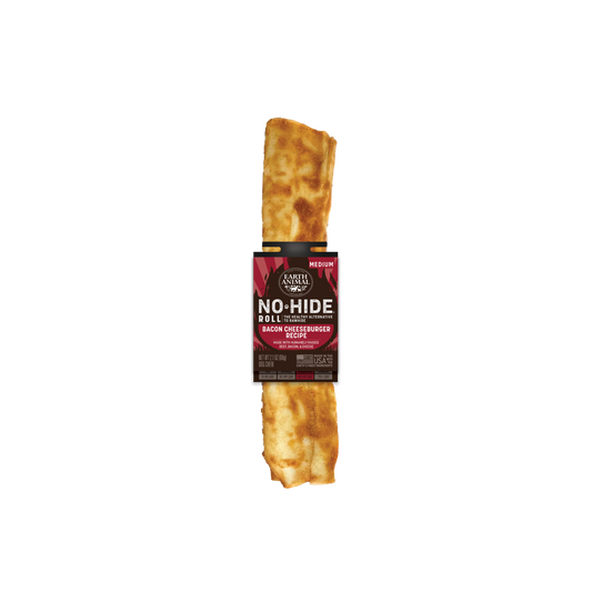 Earth Animal No Hide Bacon Cheeseburger Bone, all-natural, digestible dog chew, made with premium ingredients for dental health and long-lasting entertainment