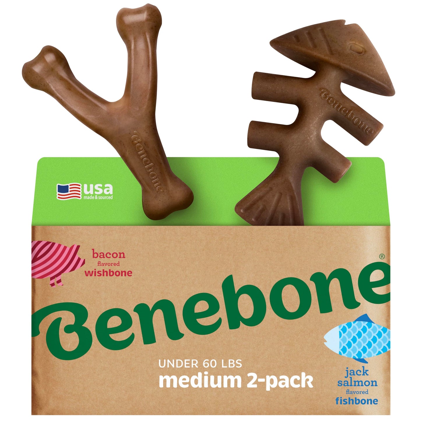 Benebone Wishbone & Fishbone Pack.  One Bacon Wishbone and one Salmon Fishbone. Perfect chew for dogs under 60lbs.