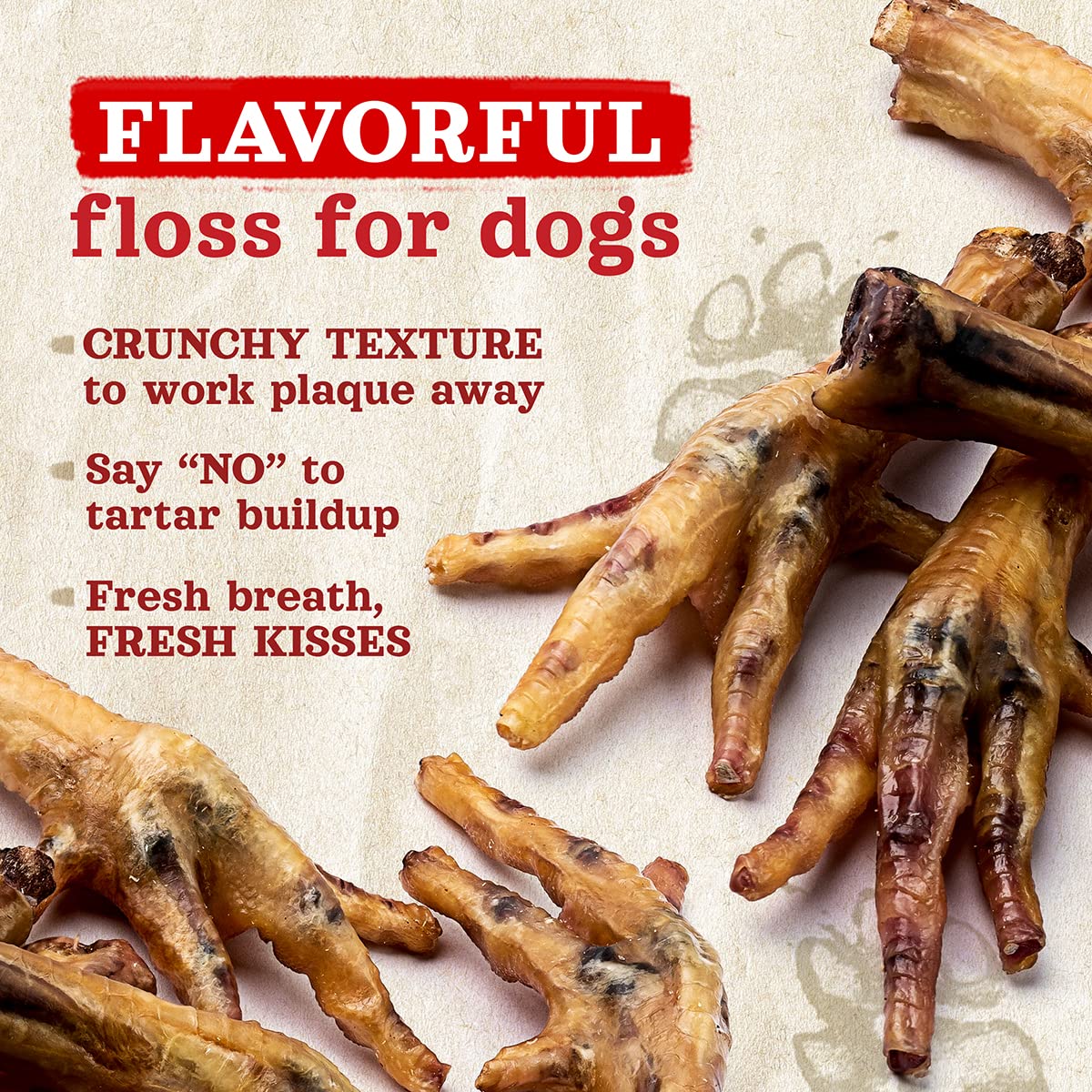 Natural Farm Chicken Feet – 6 Pack of All-Natural Chews for Dogs. High-protein, single-ingredient treats that promote dental health by helping to reduce tartar and plaque. Perfect for dogs of all sizes, especially small to medium breeds. Free from artificial additives or preservatives, offering a crunchy, flavorful chew your dog will love.