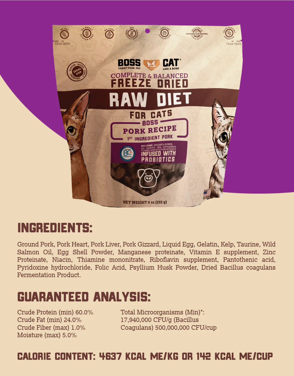 BossNation Freeze-Dried Pork for Cats - High-Protein, Grain-Free Raw Meal with Natural Pork for Optimal Cat Health and Nutrition