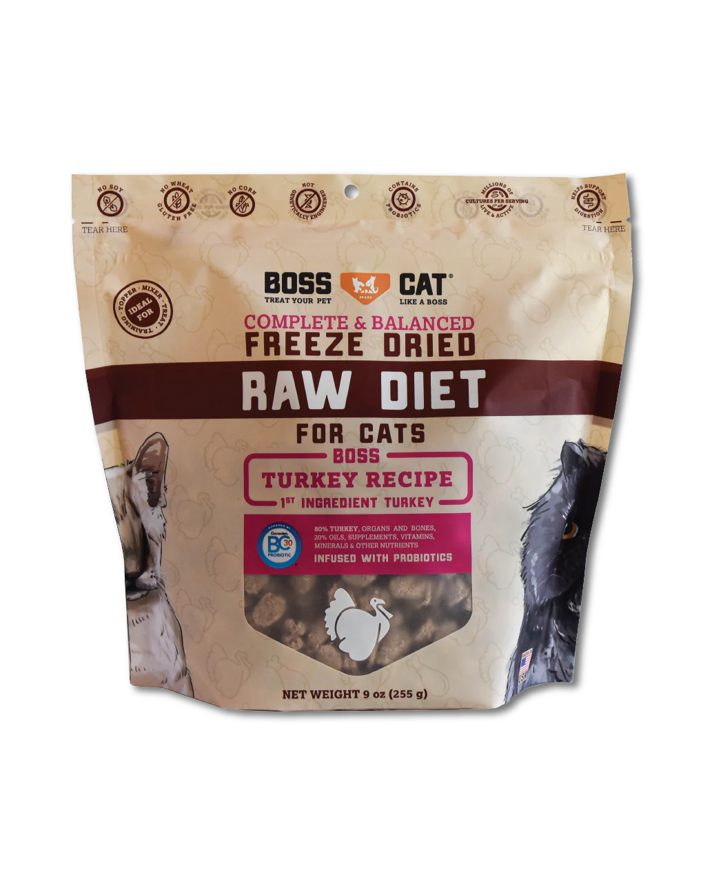 Boss Dog Freeze-Dried Turkey Formula for Cats - High-Protein, Grain-Free Raw Meal with Natural Turkey for Optimal Health and Nutrition