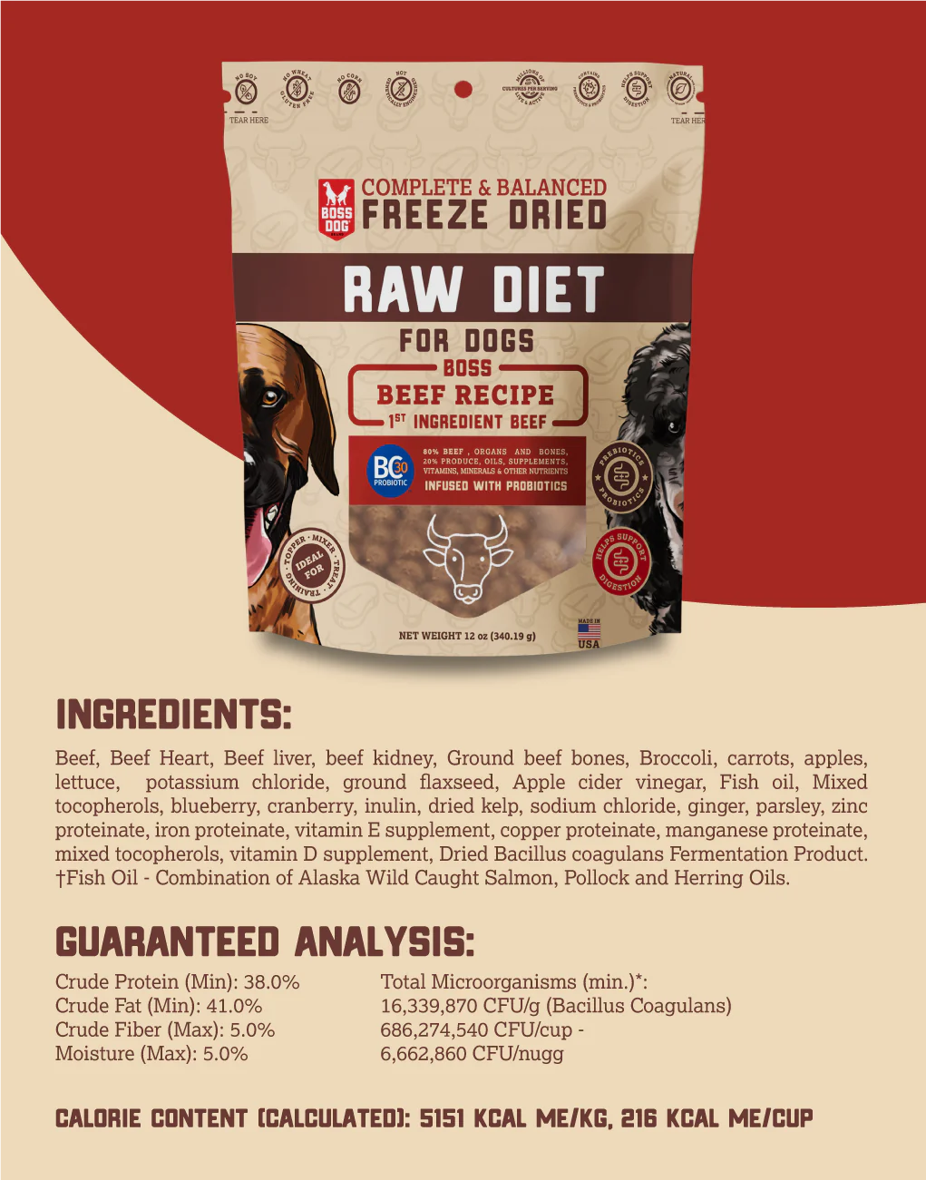 Boss Dog Freeze-Dried Beef Food - High-Protein, Grain-Free Raw Meal for Dogs with Natural Beef for Optimal Health and Nutrition