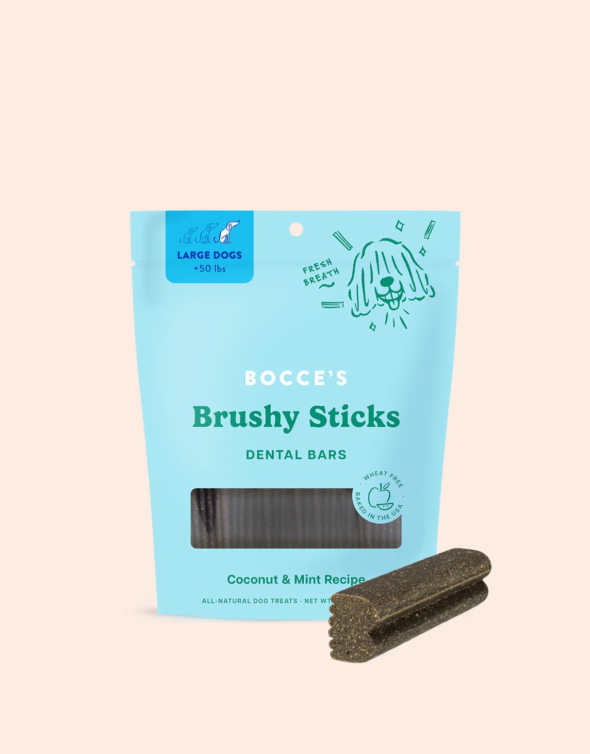 Bocce's Bakery Brushy Sticks Dental Bars - Natural Coconut & Mint Dog Chews for Dental Health and Fresh Breath, Available in Small, Medium, and Large Sizes