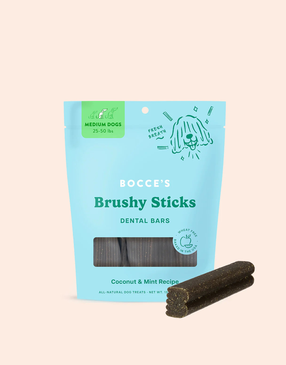 Bocce's Bakery Brushy Sticks Dental Bars - Natural Coconut & Mint Dog Chews for Dental Health and Fresh Breath, Available in Small, Medium, and Large Sizes