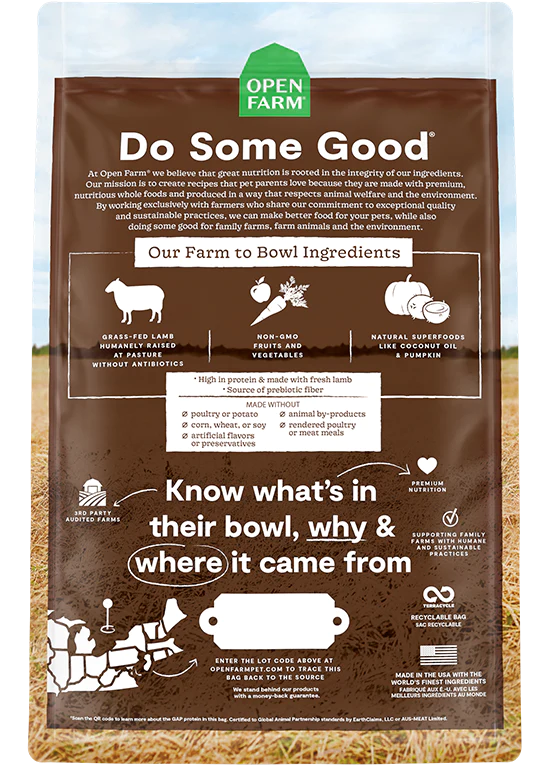 Open Farm Grass-Fed Lamb Dog Kibble, made with ethically sourced grass-fed lamb, wholesome vegetables, and a grain-free formula for a nutritious, high-protein meal that supports your dog’s health and energy.