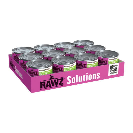 Case of RAWZ Solutions Immune Support Chicken & Chicken Liver pet food cans on a white background