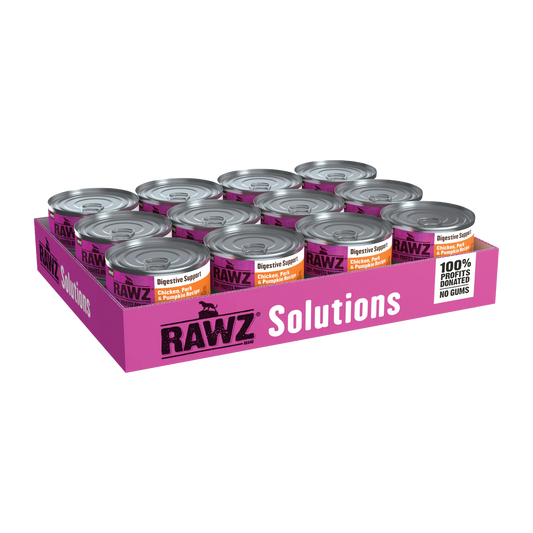 Box of RAWZ Solutions Chicken, Pork & Pumpkin pet food cans on a white background