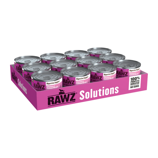 Case of RAWZ Chicken & Salmon Digestive Support Solutions pet food cans on a white background