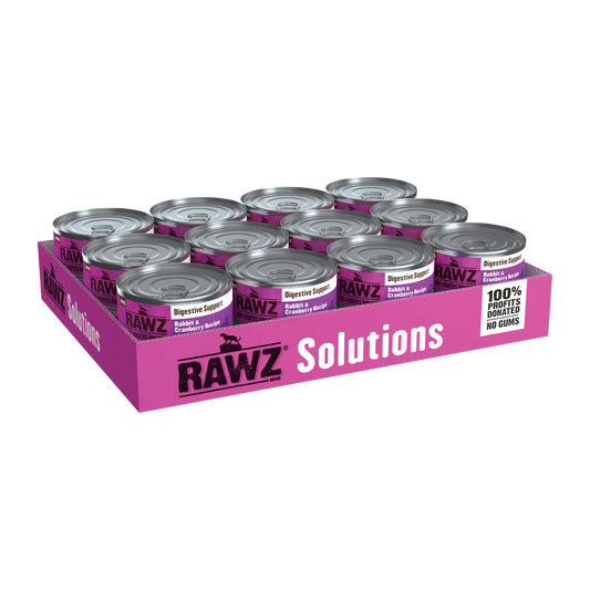 Case of RAWZ Solutions Rabbit & Cranberry cat food cans on a white background