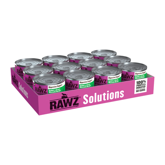 Case of RAWZ Solutions Rabbit & Green Mussels cat food cans on a white background