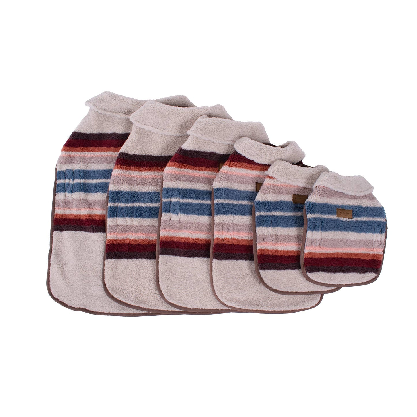 A cozy and stylish dog coat featuring a colorful Serape Rosewood pattern with warm tones of red, orange, and brown. The coat is made of soft Berber fleece and includes adjustable straps for a secure fit. The design incorporates a Southwestern-inspired look, with a blend of traditional and modern elements, offering both comfort and fashion for your pet.