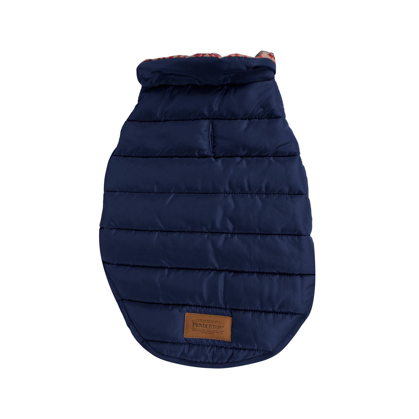 A durable and insulated dog coat in a sleek puffer style, featuring a rich Pilot Rock pattern with earthy tones of gray, navy, and hints of red. The coat is designed with adjustable straps for a secure and comfortable fit, providing warmth and protection for your pet in cold weather. The quilted design offers both function and a stylish, rugged look, perfect for outdoor adventures.