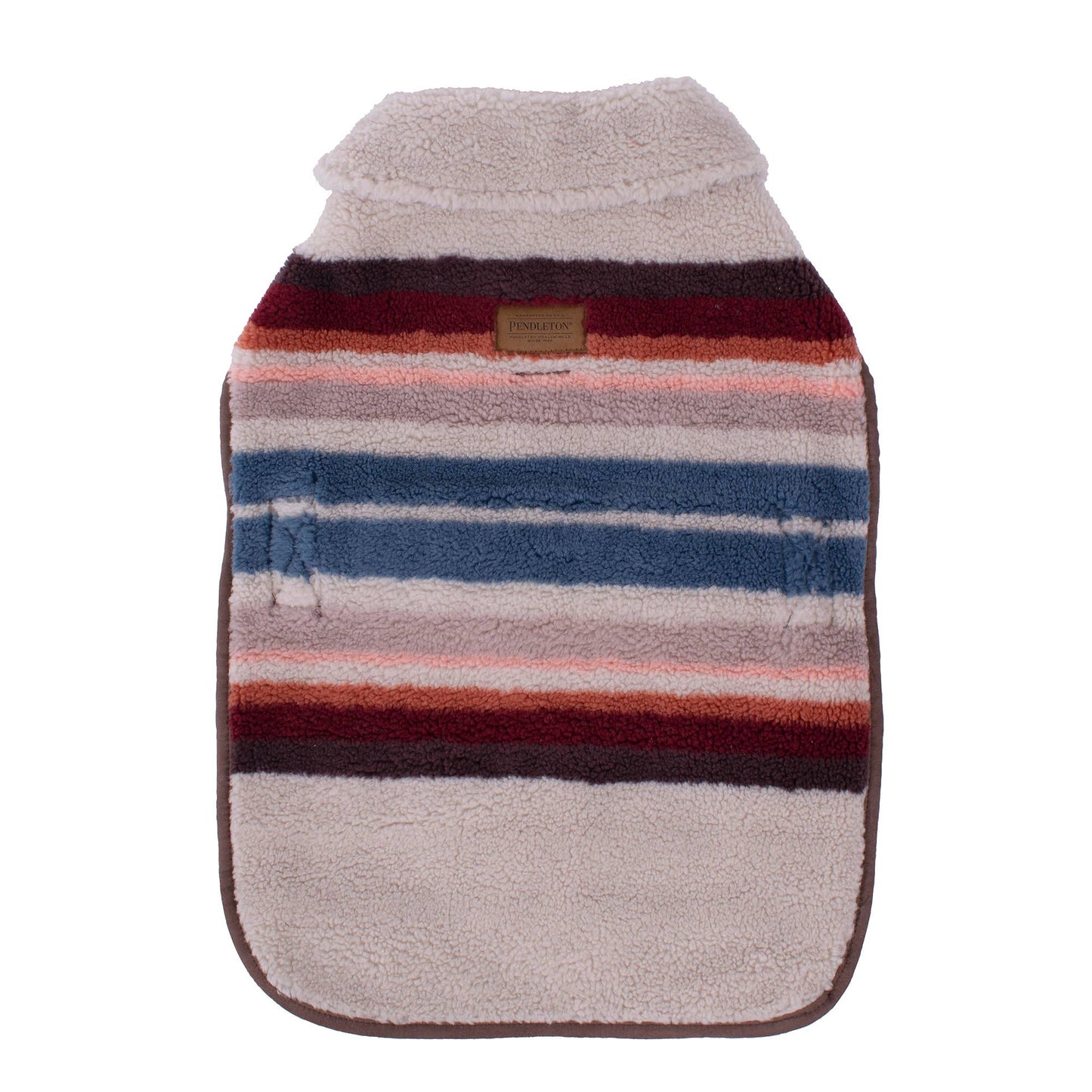 A cozy and stylish dog coat featuring a colorful Serape Rosewood pattern with warm tones of red, orange, and brown. The coat is made of soft Berber fleece and includes adjustable straps for a secure fit. The design incorporates a Southwestern-inspired look, with a blend of traditional and modern elements, offering both comfort and fashion for your pet.