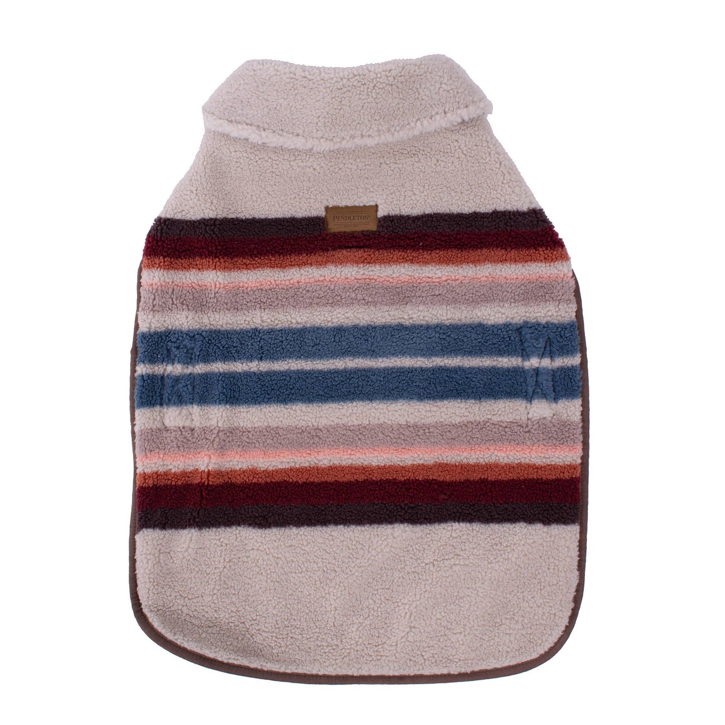 A cozy and stylish dog coat featuring a colorful Serape Rosewood pattern with warm tones of red, orange, and brown. The coat is made of soft Berber fleece and includes adjustable straps for a secure fit. The design incorporates a Southwestern-inspired look, with a blend of traditional and modern elements, offering both comfort and fashion for your pet.