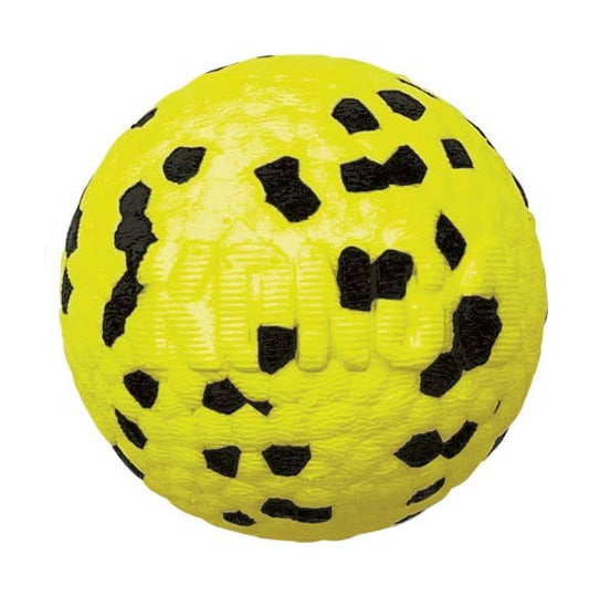 Yellow ball with black spots on a white background
