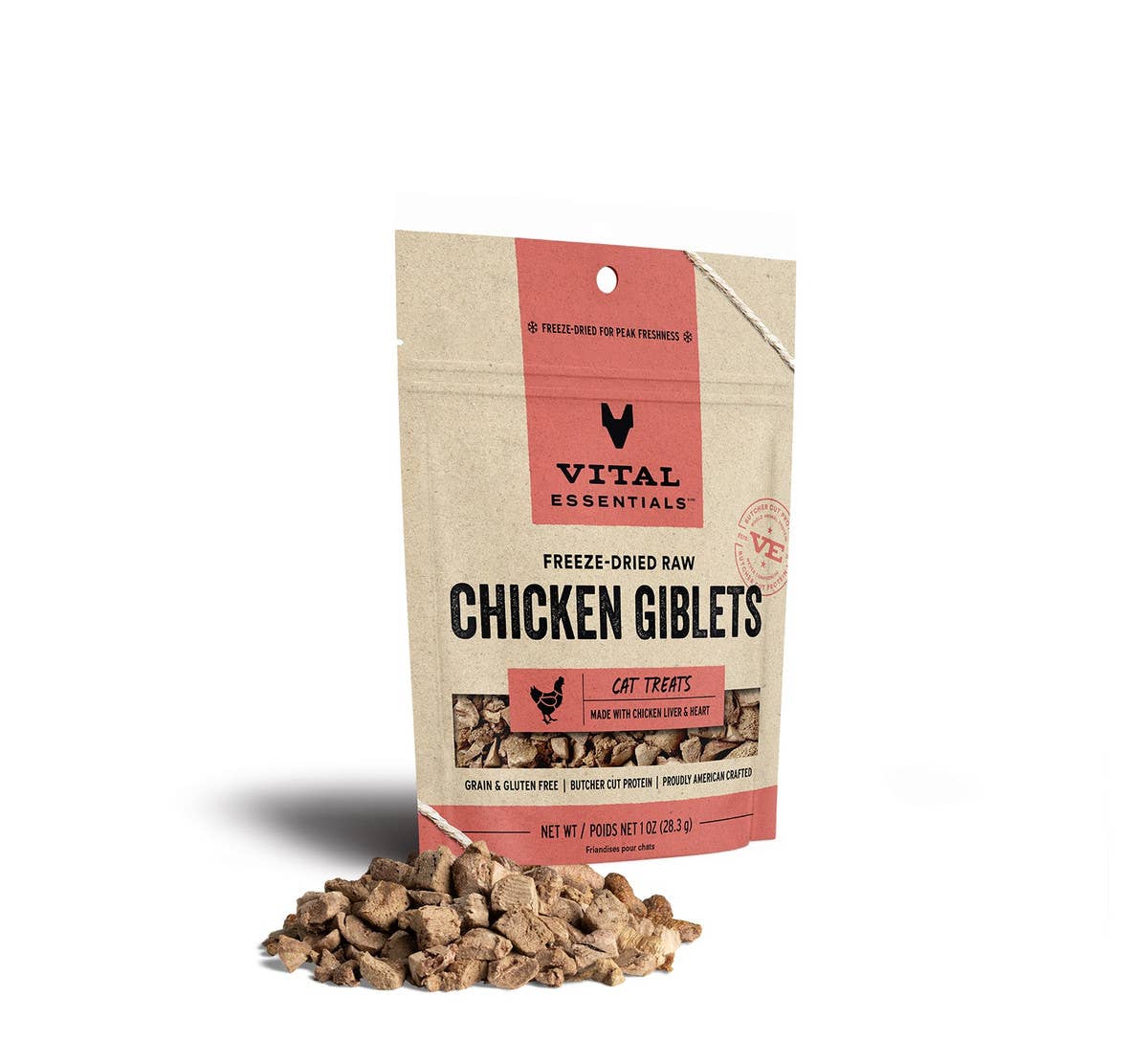 A package of Vital Essentials freeze-dried chicken giblets cat treats with a pile of the actual treat product in front, displaying the texture and size.
