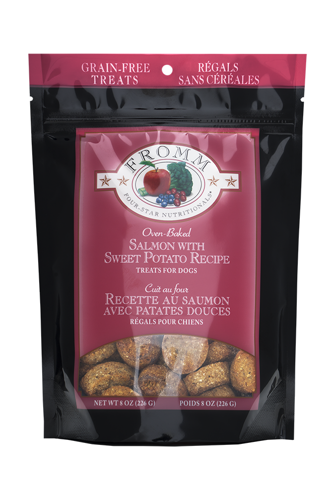 Fromm Salmon & Sweet Potato Treats package featuring a delicious, grain-free snack made with premium salmon and wholesome sweet potatoes for dogs.