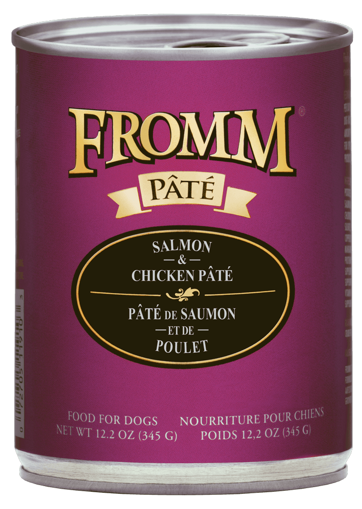 Fromm Grain-Free Salmon & Chicken Pâté canned dog food featuring a premium, grain-free formula with fresh salmon, chicken, and nutrient-rich ingredients for a high-protein, flavorful meal.