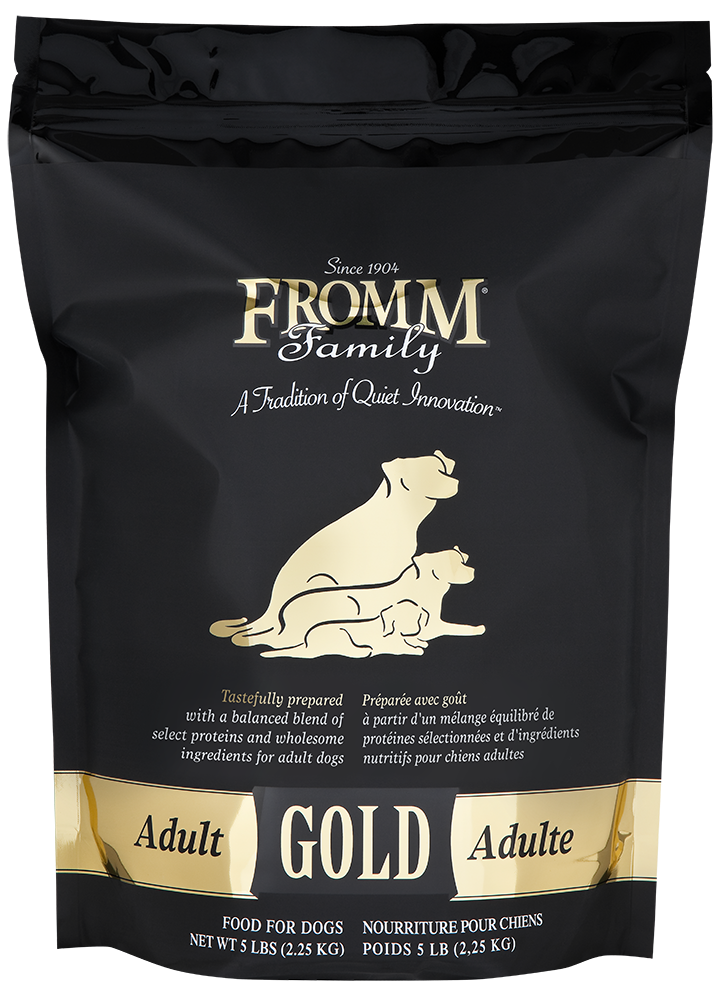 Fromm Family Gold Adult Dog Food bag featuring a high-quality, chicken-based formula with fruits, vegetables, and essential nutrients for adult dog health.