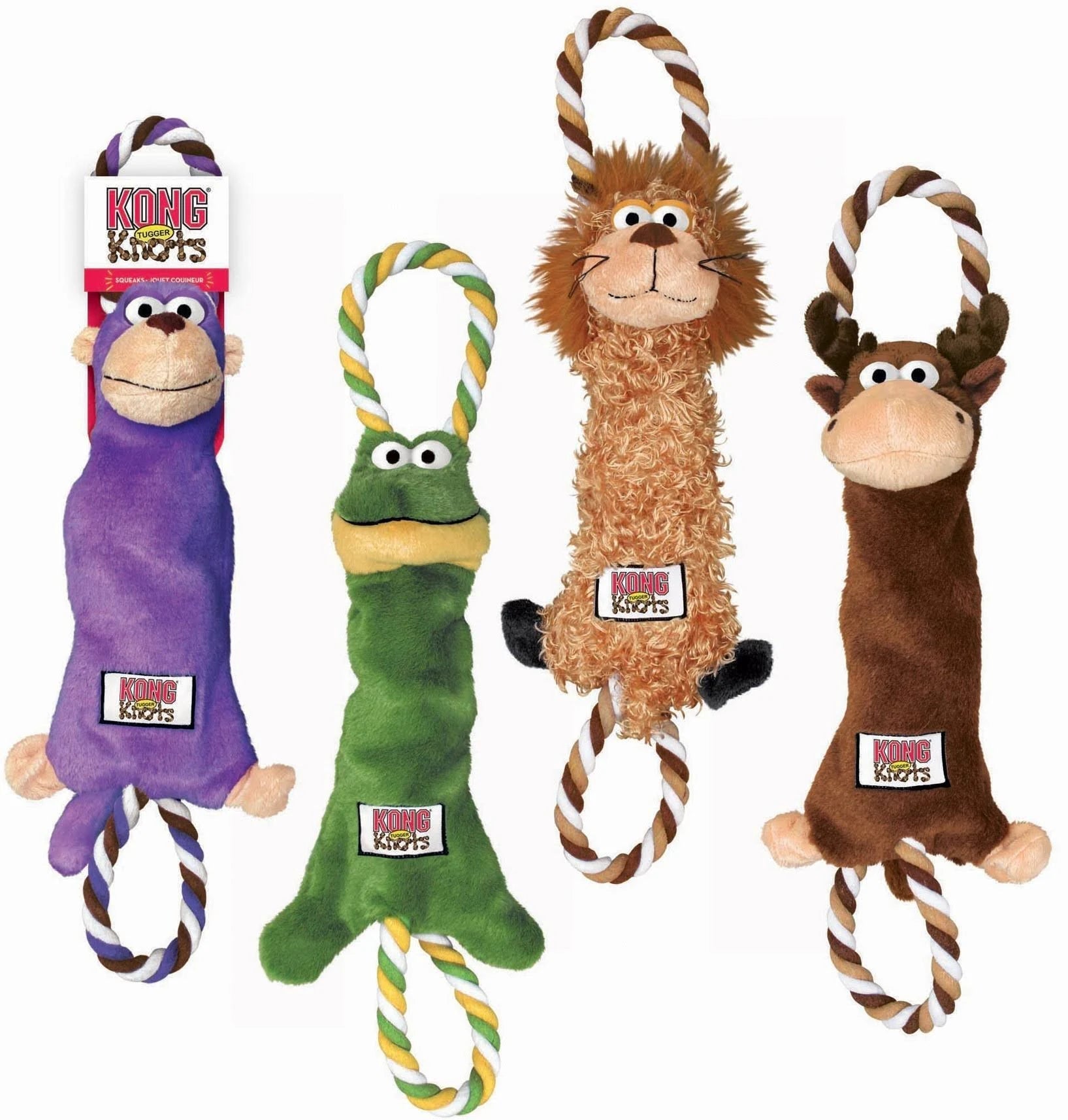 KONG® Tugger Knots Moose Dog Toy – a plush, brown moose with knotted rope limbs, a stitched face, and antlers. Designed for tugging, shaking, and interactive play, this toy features a squeaker for added fun.