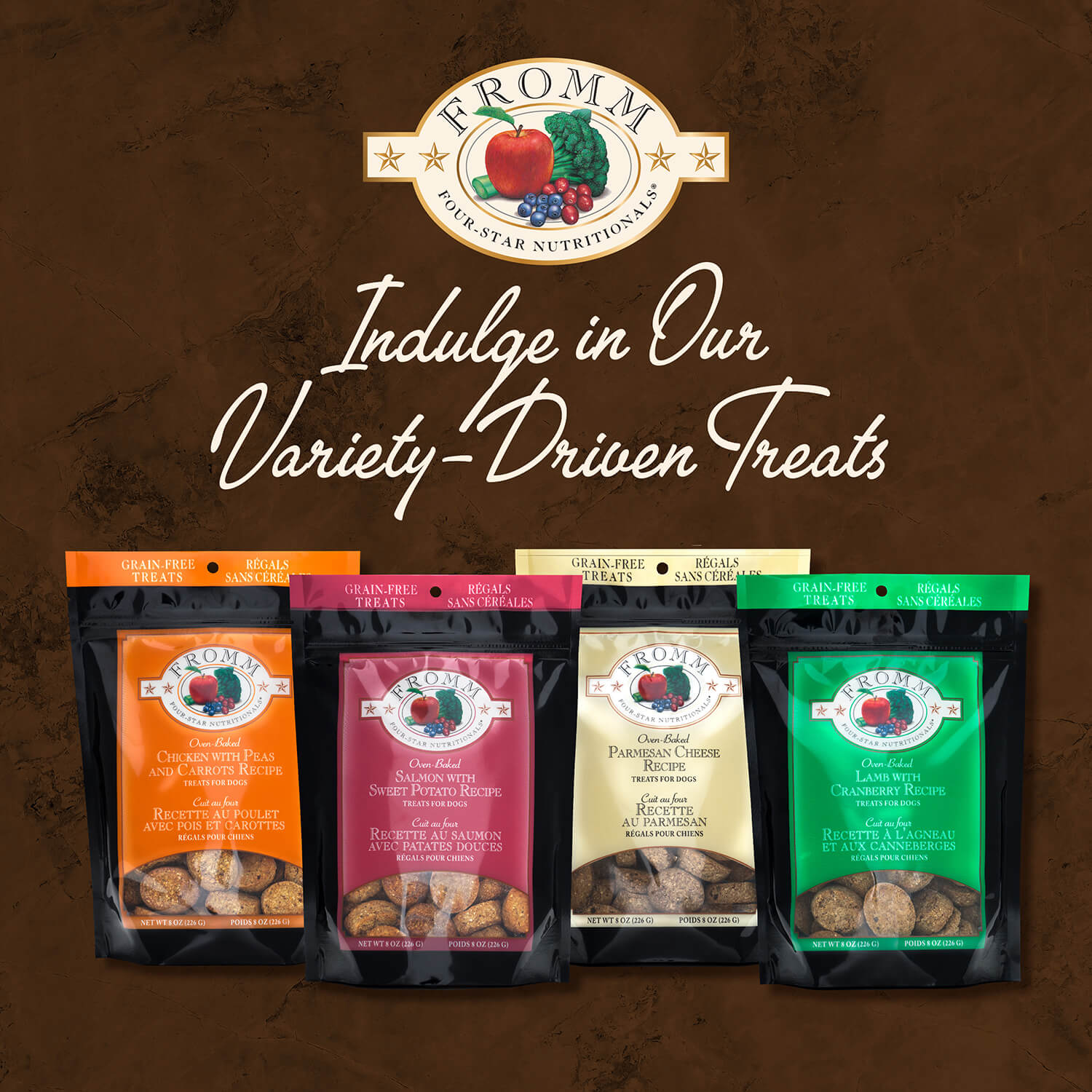 Fromm Salmon & Sweet Potato Treats package featuring a delicious, grain-free snack made with premium salmon and wholesome sweet potatoes for dogs.