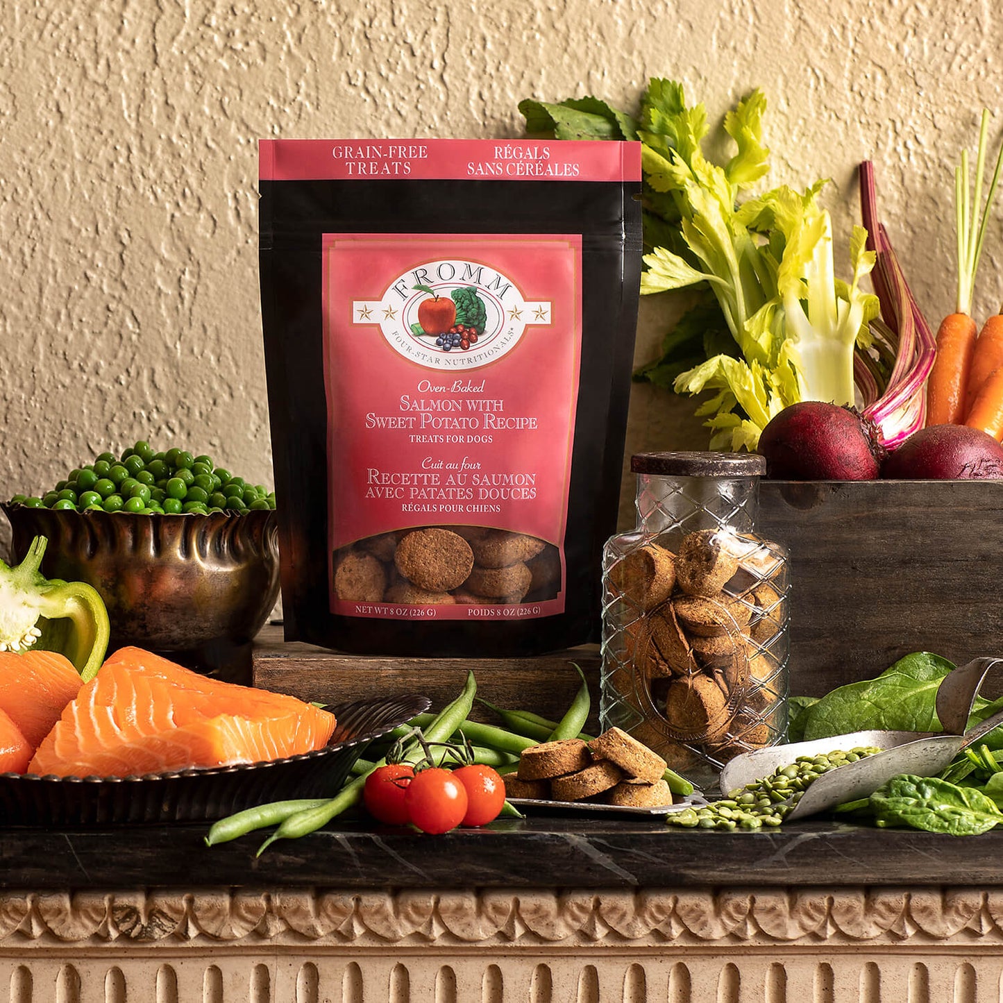 Fromm Salmon & Sweet Potato Treats package featuring a delicious, grain-free snack made with premium salmon and wholesome sweet potatoes for dogs.