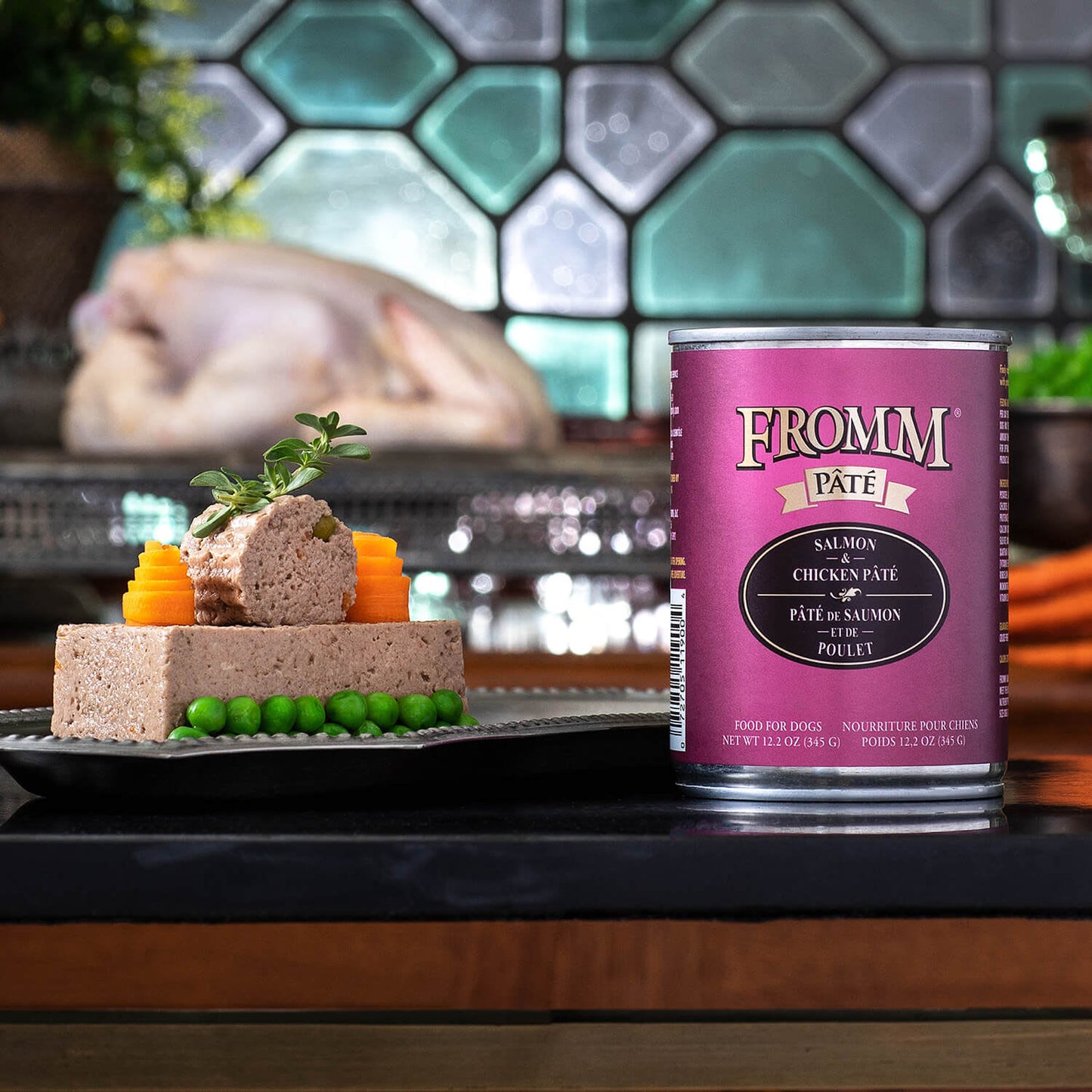 Fromm Grain-Free Salmon & Chicken Pâté canned dog food featuring a premium, grain-free formula with fresh salmon, chicken, and nutrient-rich ingredients for a high-protein, flavorful meal.