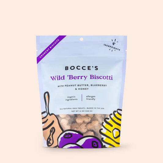 Bocce's Bakery Wild Berry Biscotti with Peanut Butter, Blueberry & Honey | Allergen Friendly All Natural Dog Treats 